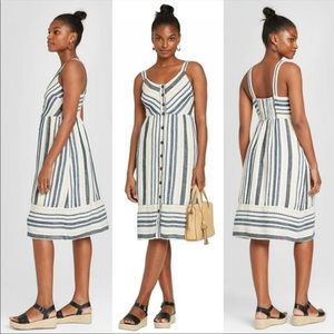 Striped Linen rayon midi knee length button bodice Sundress medium